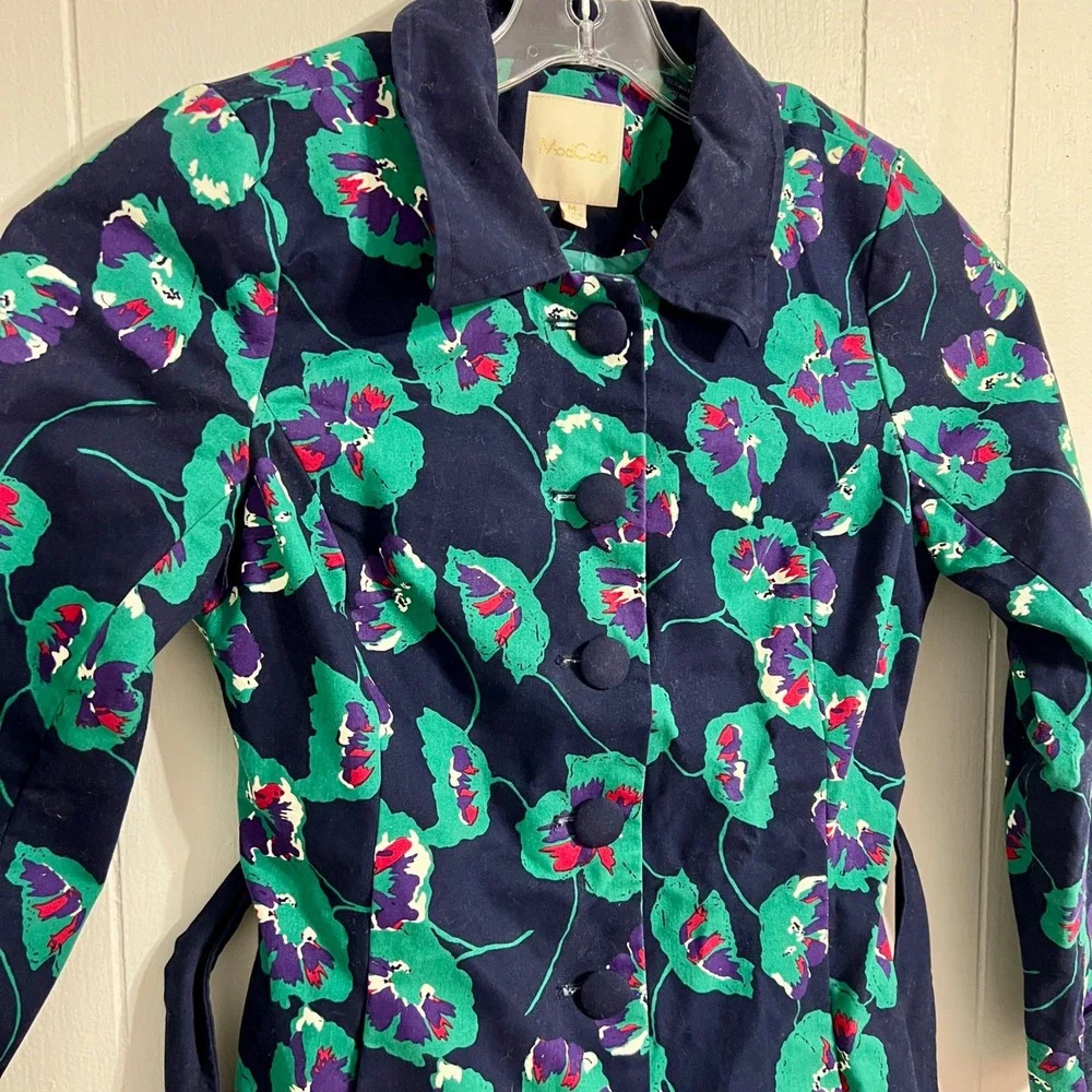 ModCloth Retro‎ Delightful Directions Poppy Floral Trench Coat Button Up Belt M